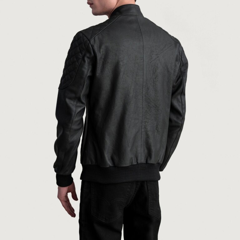 Mens Sven Tumbled Black Leather Bomber Jacket Tilted Back-8-1724139630935